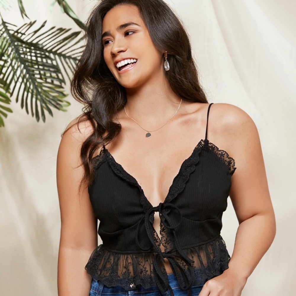 NEW, SHEIN Plus Embroidery Mesh Ruffle Detail Tie Front Cami Top - Size 0X